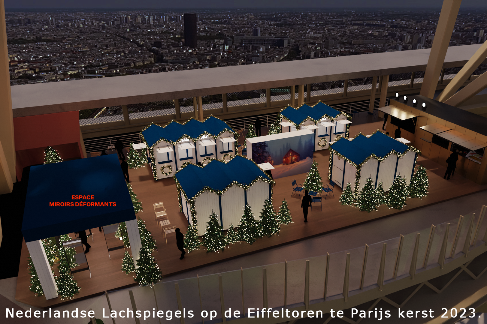Zerrspiegeln im 1. Stock des Eiffelturms. Weihnachten 2023